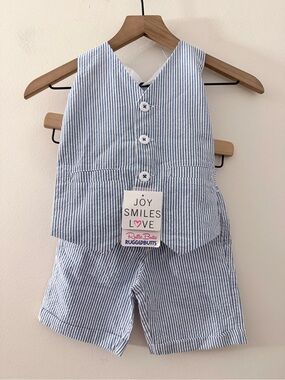 Rugged Butts Seersucker blue stripe vest shorts Set 3t